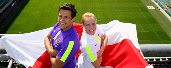 LONDON, ENGLAND - APRIL 12:  England Sevens players Chris Cracknell and Michaela Staniford are pictured at the launch of the new England Sevens kit at Twickenham Stadium on April 12, 2012 in London, England.  (Photo by Warren Little/Getty Images)